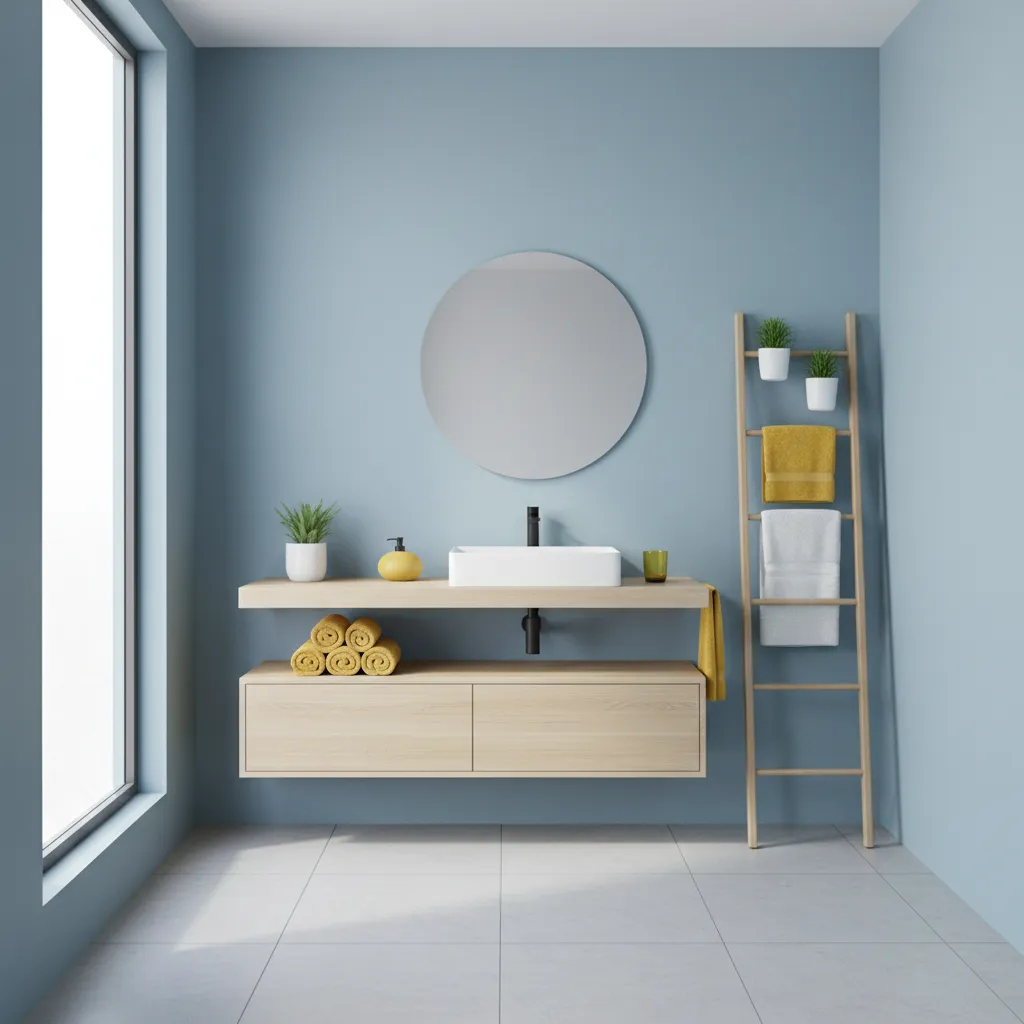 Bathroom interior featuring balanced blue walls and yellow accents