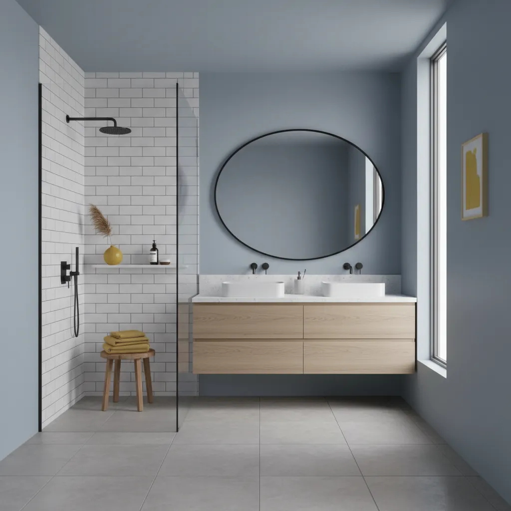 Bathroom interior showing soft blue walls with yellow accents and white tile