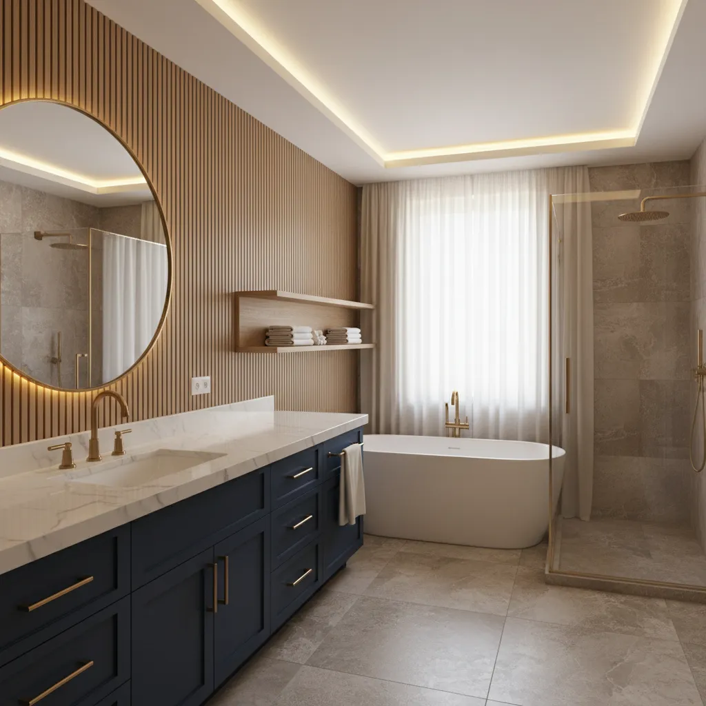 Bathroom design combining blue cabinets marble and brass accents