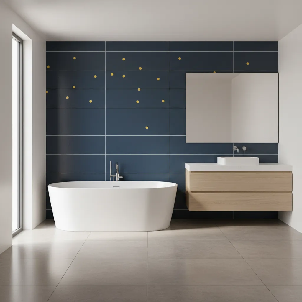 stylish blue bathroom with yellow accents and neutral tile surfaces