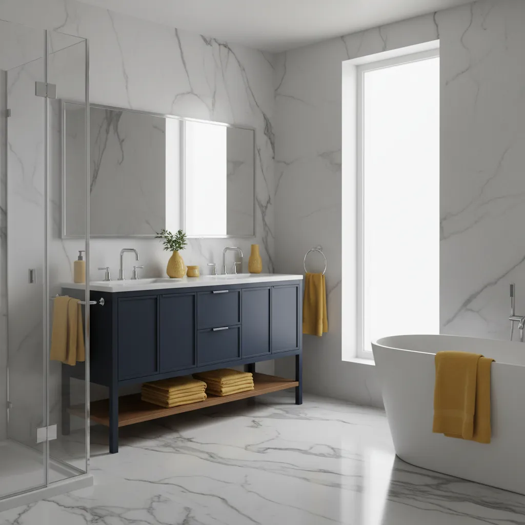 Bathroom tile and color coordination with navy vanity and yellow accessories