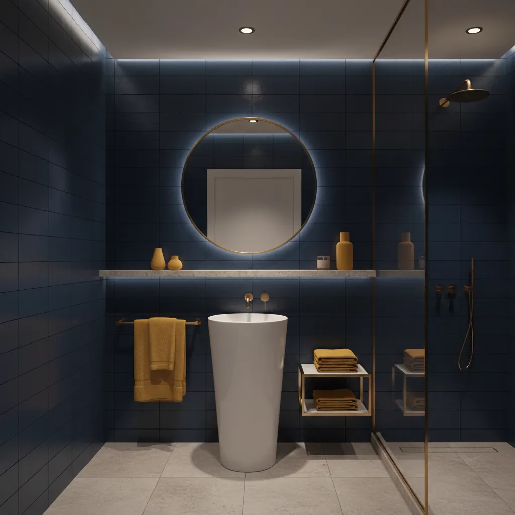 Boutique hotel bathroom with navy tile walls and yellow accents