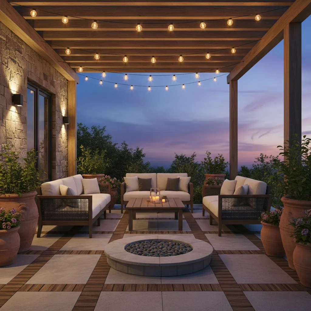 Patio seating area illuminated by warm bluetooth controlled outdoor lights