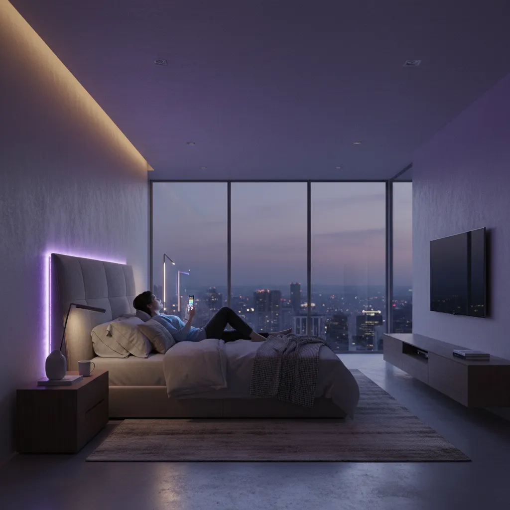 Person controlling colorful LED lights from phone in a bedroom
