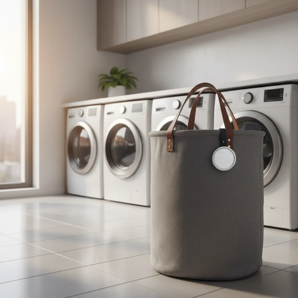 Bluetooth tracker attached to a laundry bag in an apartment laundry room
