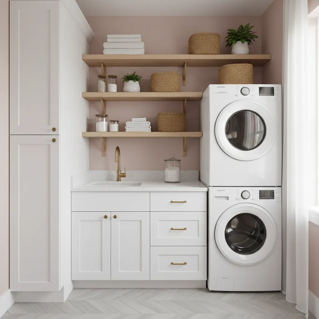 Laundry room with blush pink walls white cabinets and stacked washer dryer