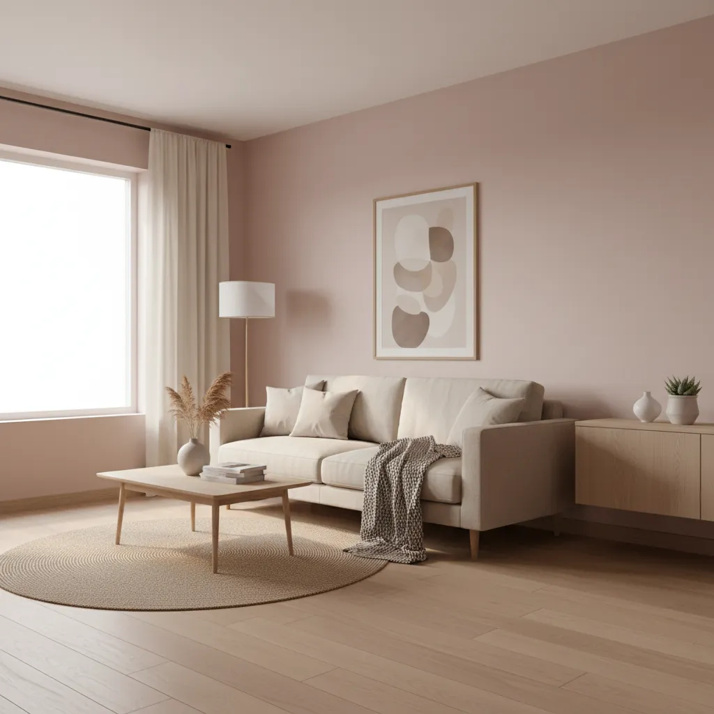 Soft blush pink living room with neutral furniture and natural light