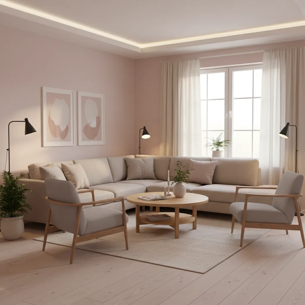 Blush pink living room with neutral sofa and wood furniture