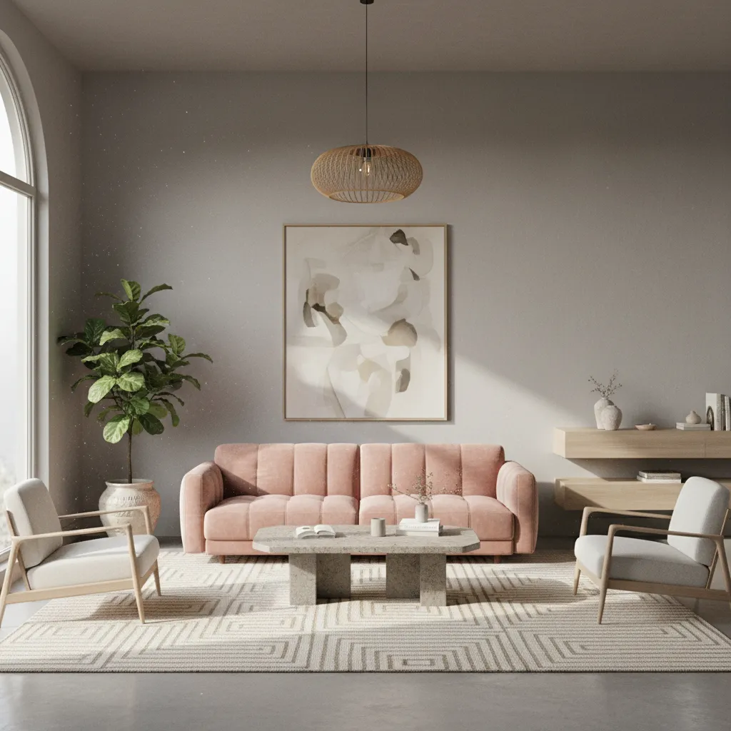 blush pink sofa against warm greige wall in modern living room