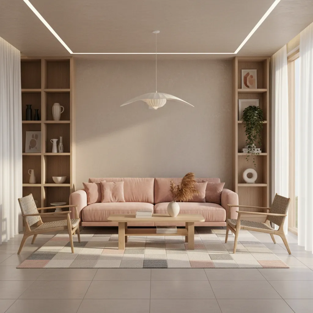 Minimalist living room with pink sofa wooden coffee table two chairs bookshelves and ceiling light