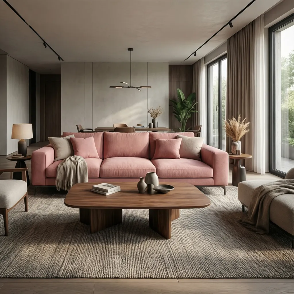 Modern living room with pink sofa dark wood coffee table large windows curtains and ceiling light