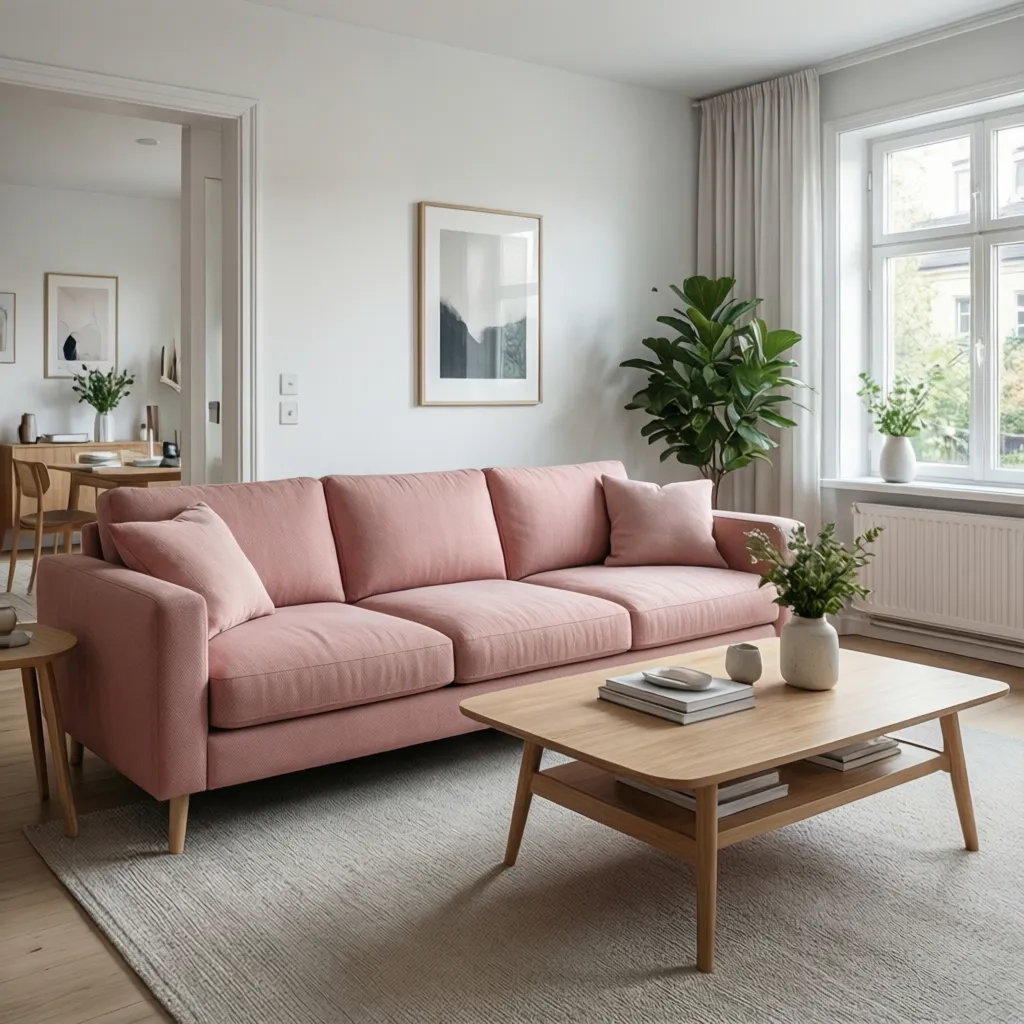 modern living room with blush pink sofa and neutral decor