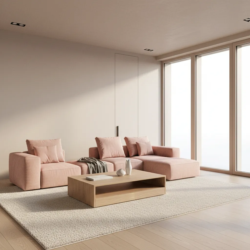 contemporary living room with blush pink sofa and neutral palette