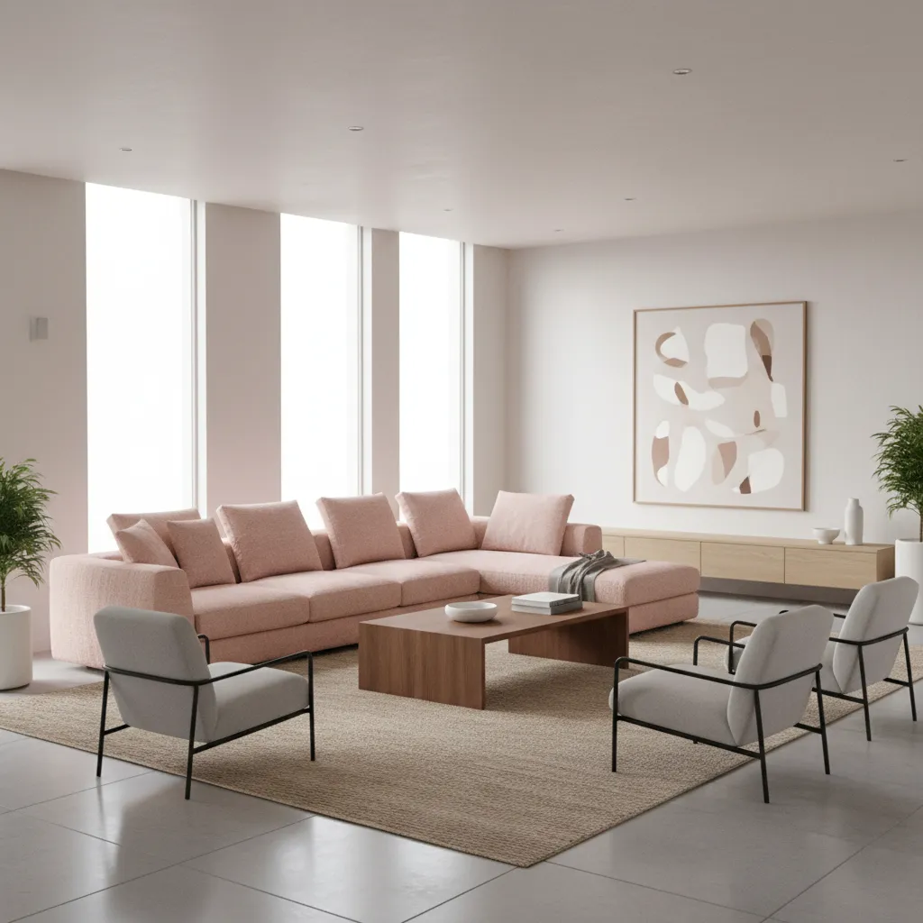 Modern living room layout featuring blush pink sofa with neutral rug and wood table