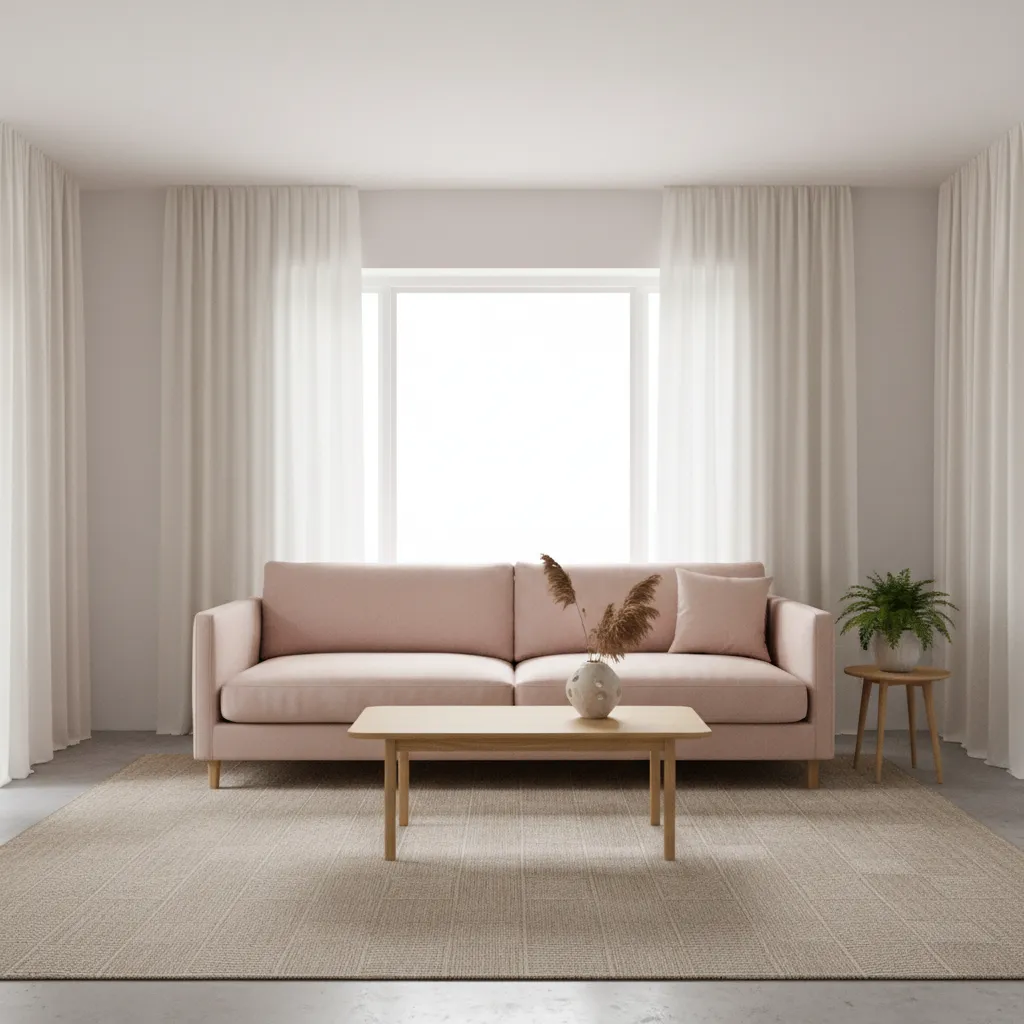 Scandinavian living room with blush pink sofa and light wood furniture