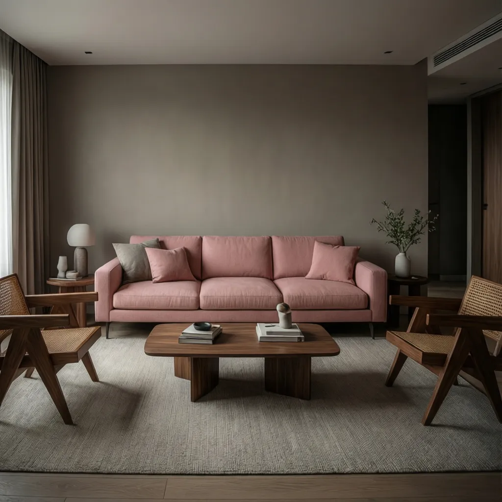 Simple living room with pink sofa wooden coffee table two wooden chairs and grey wall paint