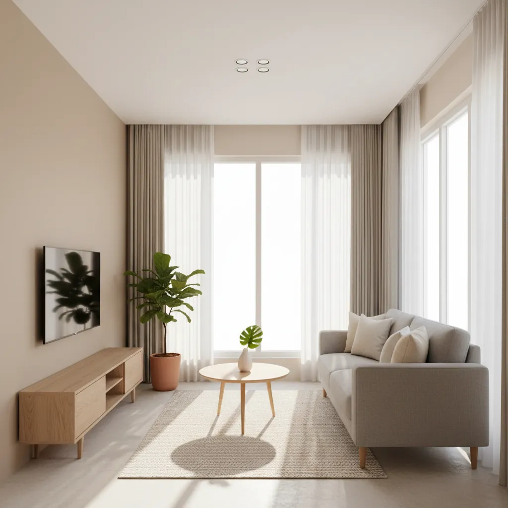 Bố cục phòng khách nhà cấp 4 với sofa nhỏ và cửa sổ lớn