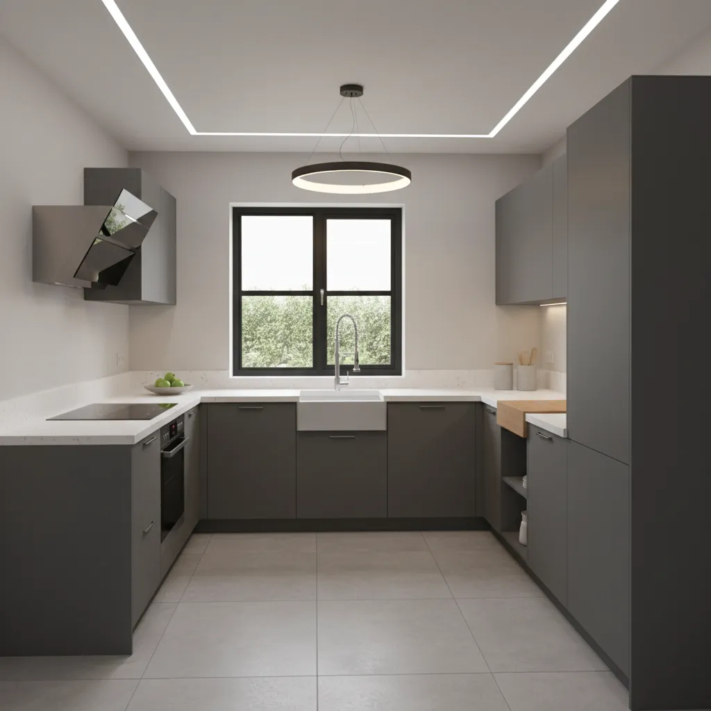 Modern grey U-shaped kitchen with white countertops a round ceiling light and a central window