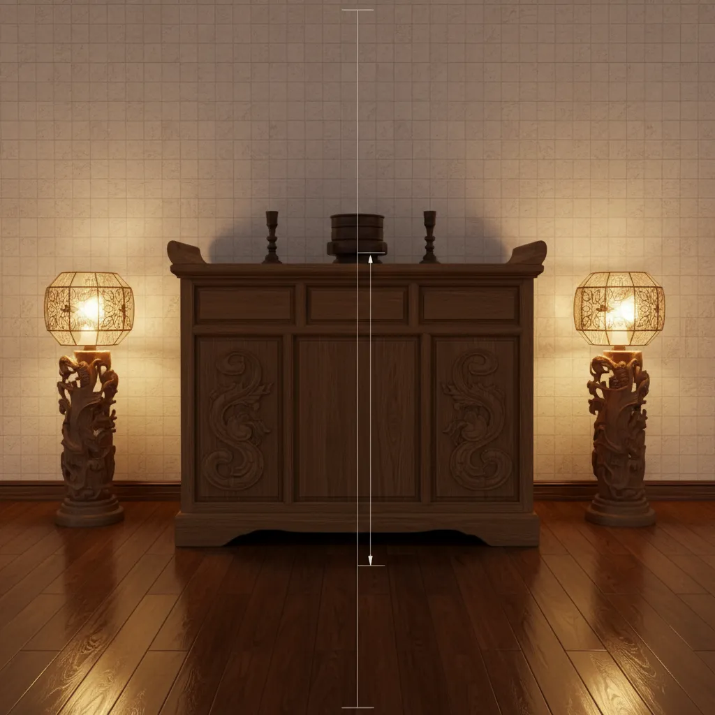 Interior design drawing showing a wood cabinet between two tall lights with white center lines