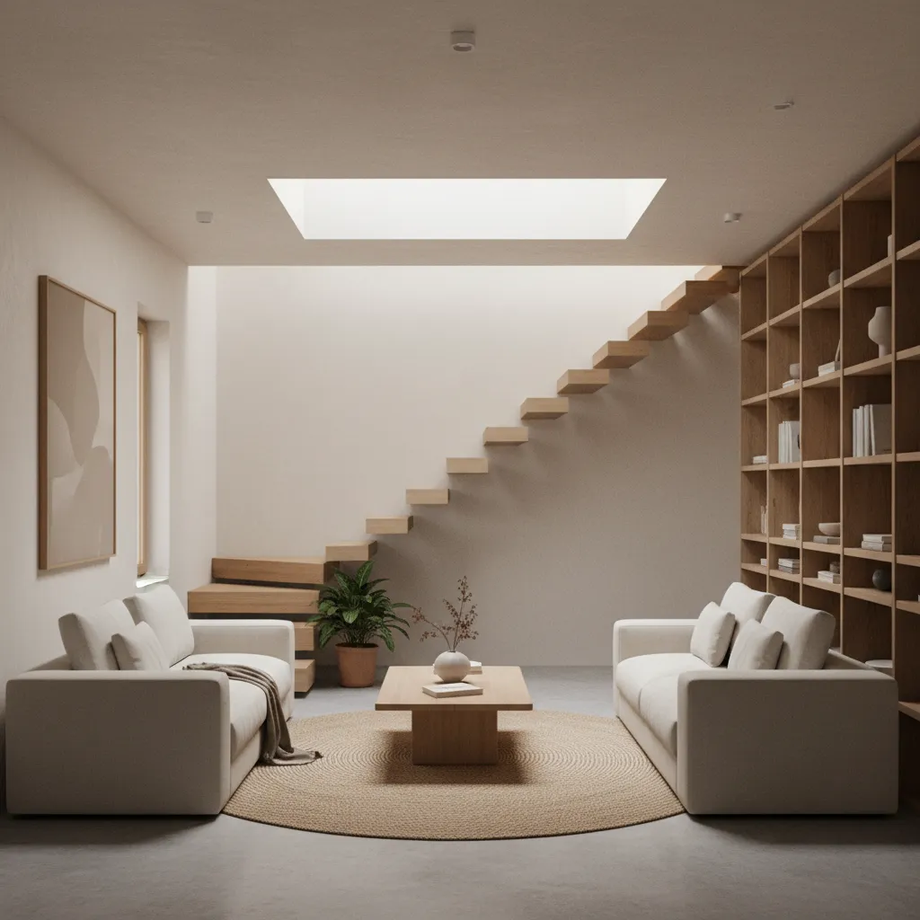 Không gian phòng khách nhà phố 5x20 với cầu thang và giếng trời