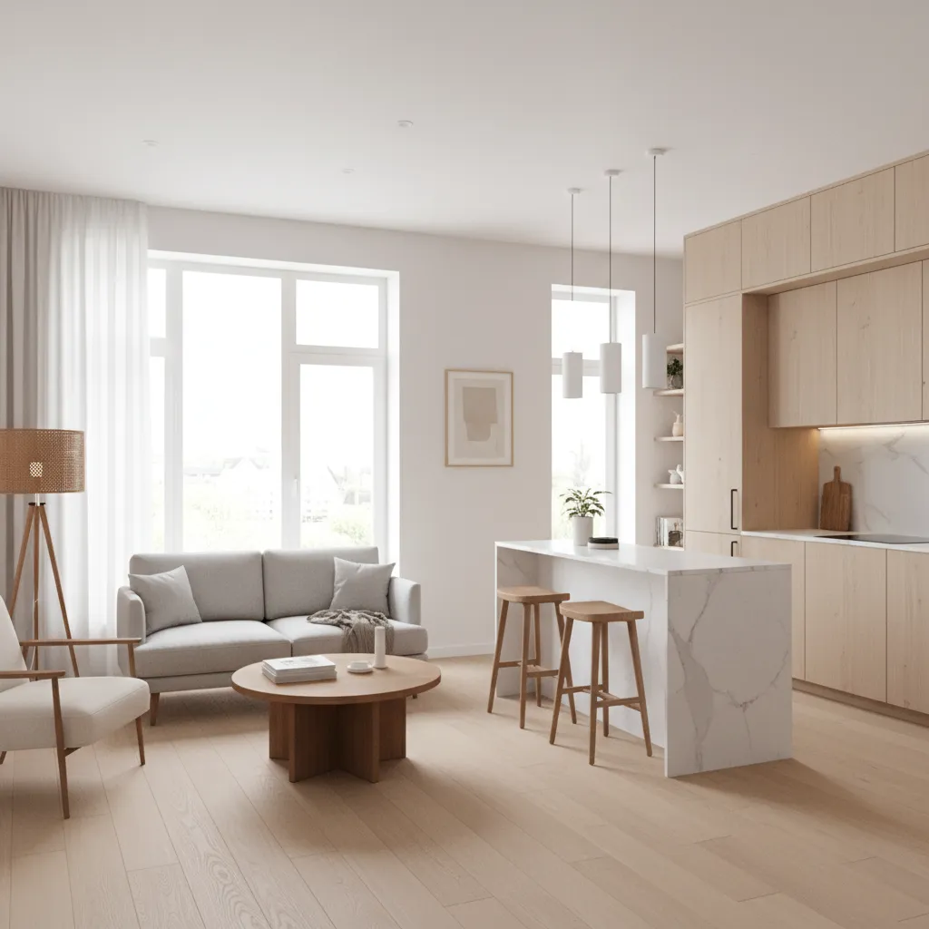 Không gian nhà phố nhỏ với phòng khách và bếp liên thông
