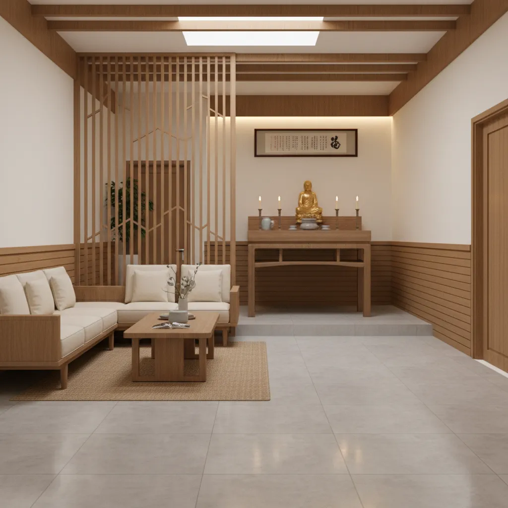 Living room with beige sofa wood coffee table divider and a wooden altar with statue