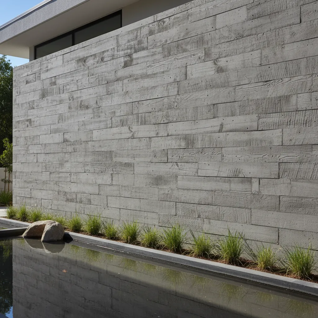 Exterior wall with board formed concrete texture pattern