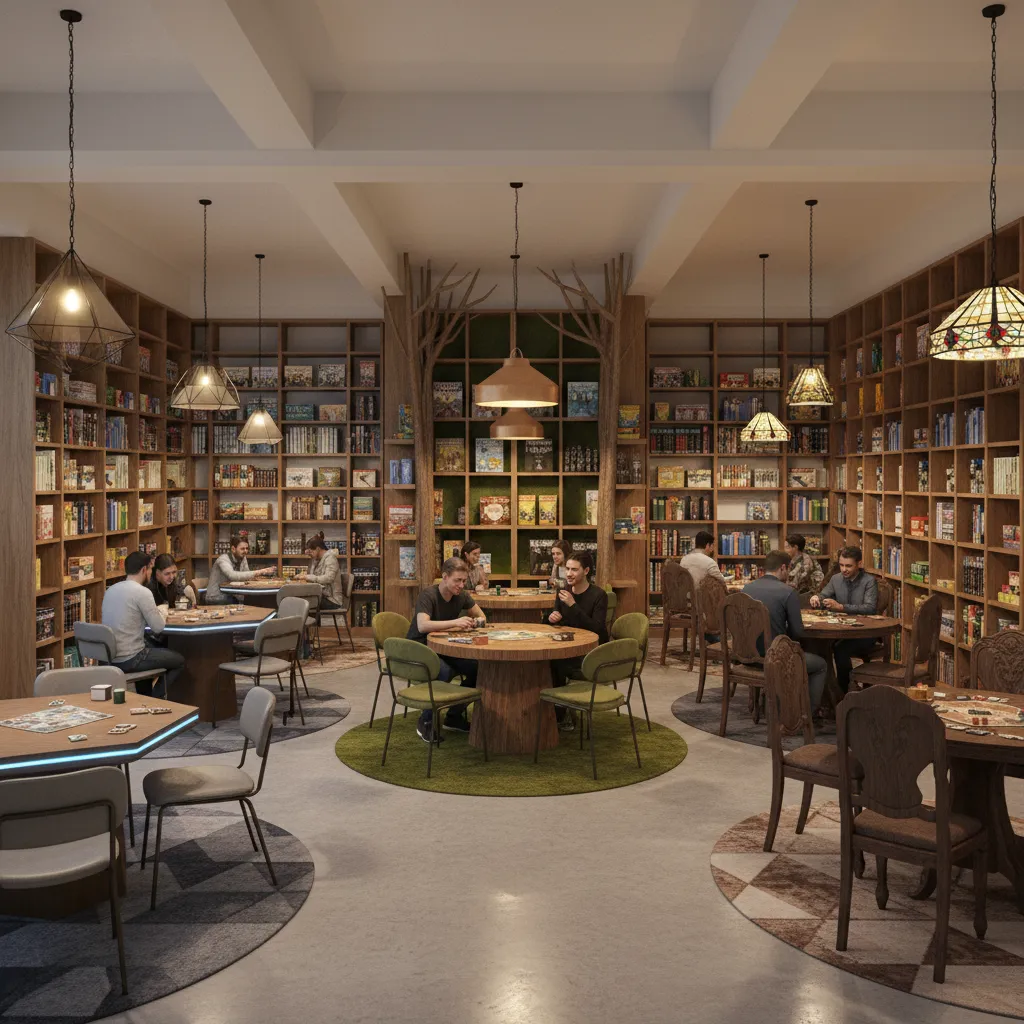 themed board game cafe interior with organized gaming tables and wall shelves