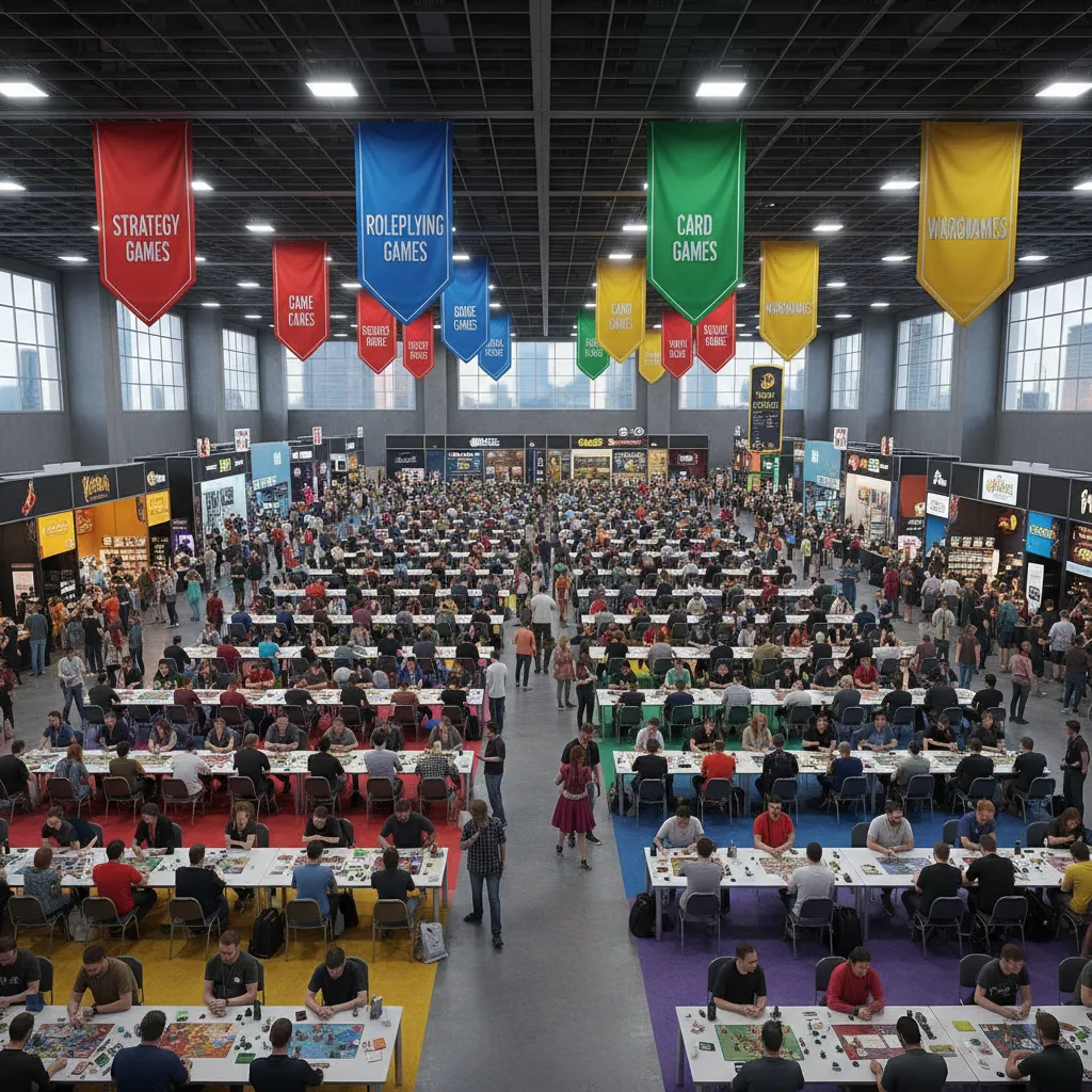 large board game convention hall with banners and organized play tables