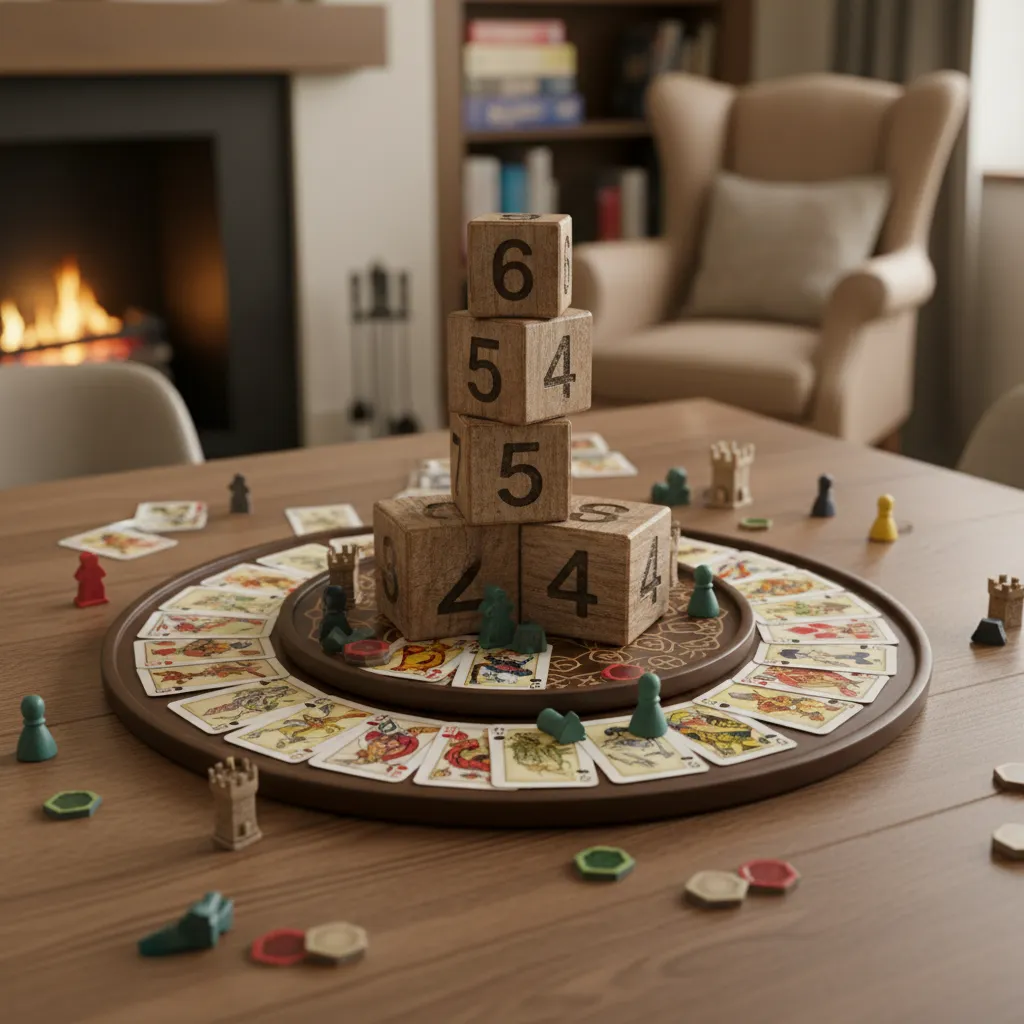 creative board game centerpiece with dice and cards