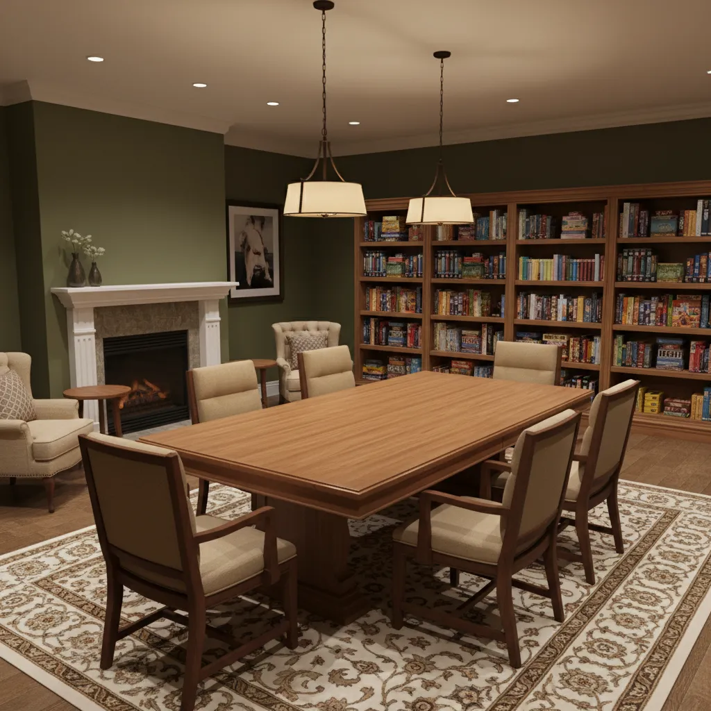 Board game table placed in a dedicated game room with chairs and clear walking space