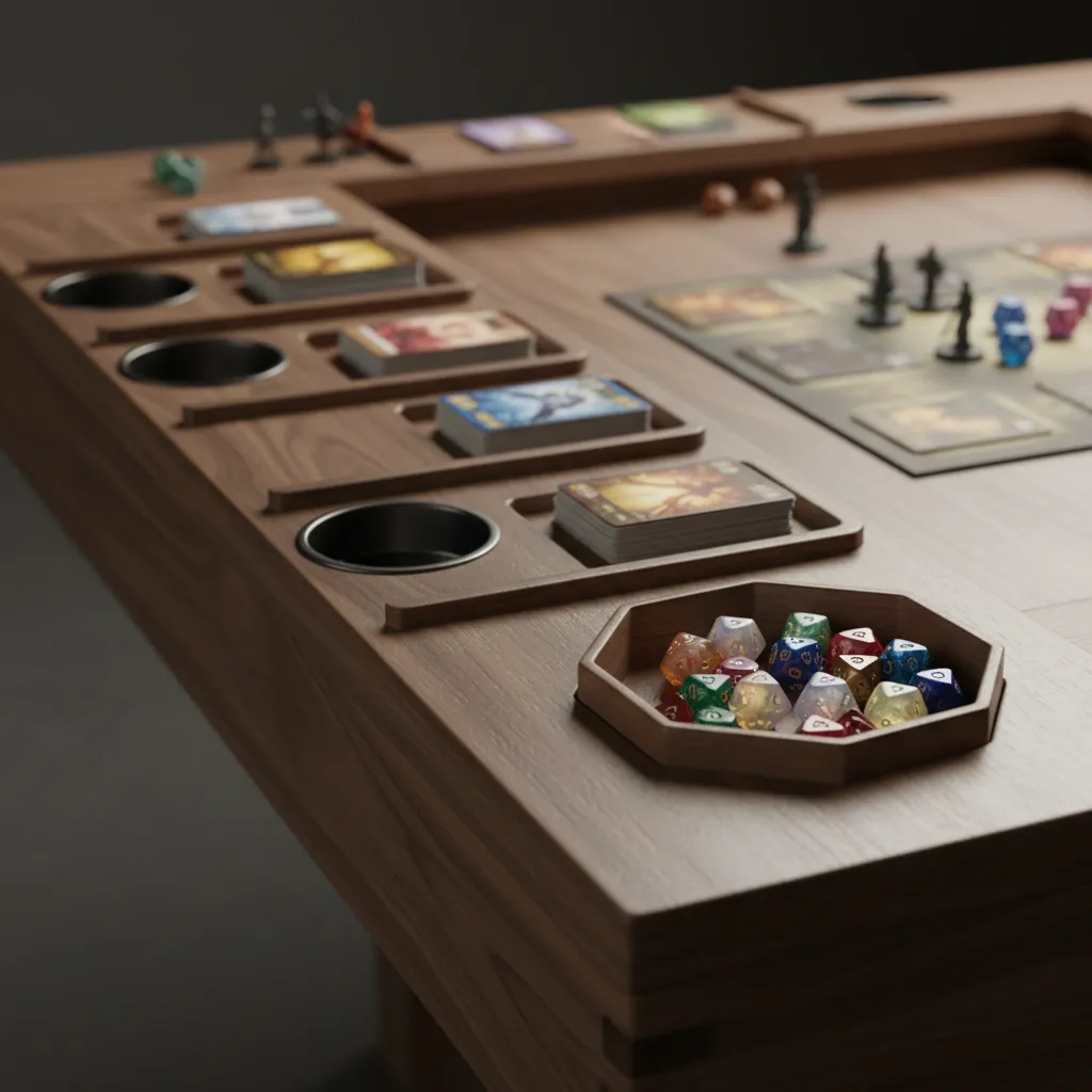 Close view of board game table accessory rail with cup holders and card trays