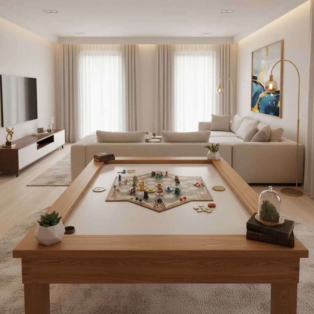 Board game table with clear center play space and small decorations at table edges