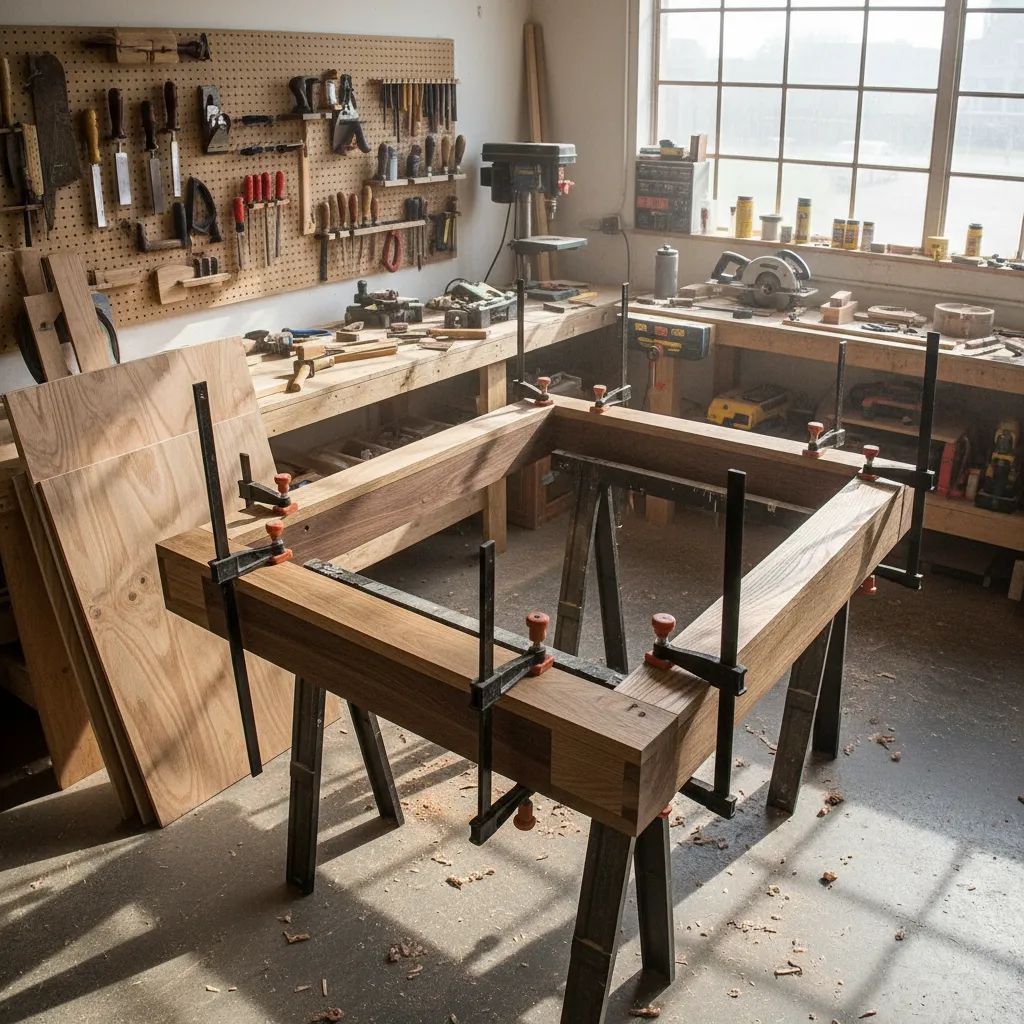 DIY board game table construction with wood panels tools and partially assembled frame