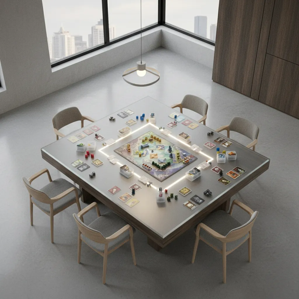 Board game table layout showing clear play space and organized seating