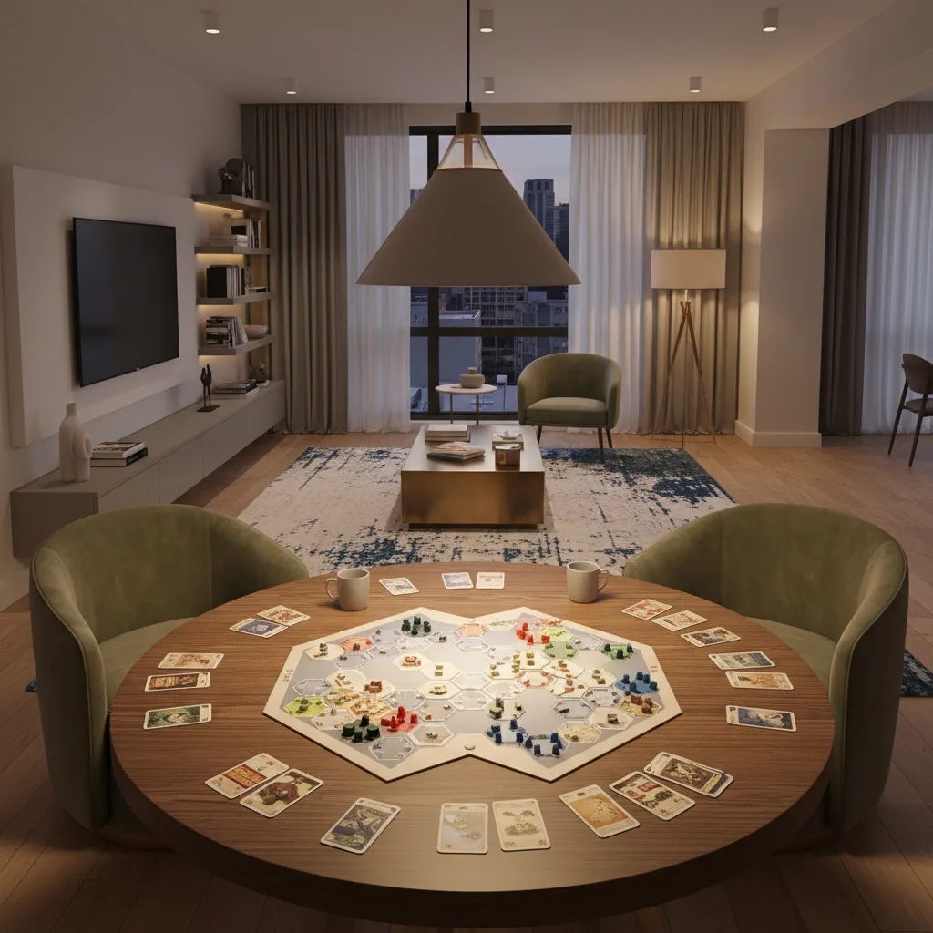 Well lit board game table with overhead light illuminating the game board