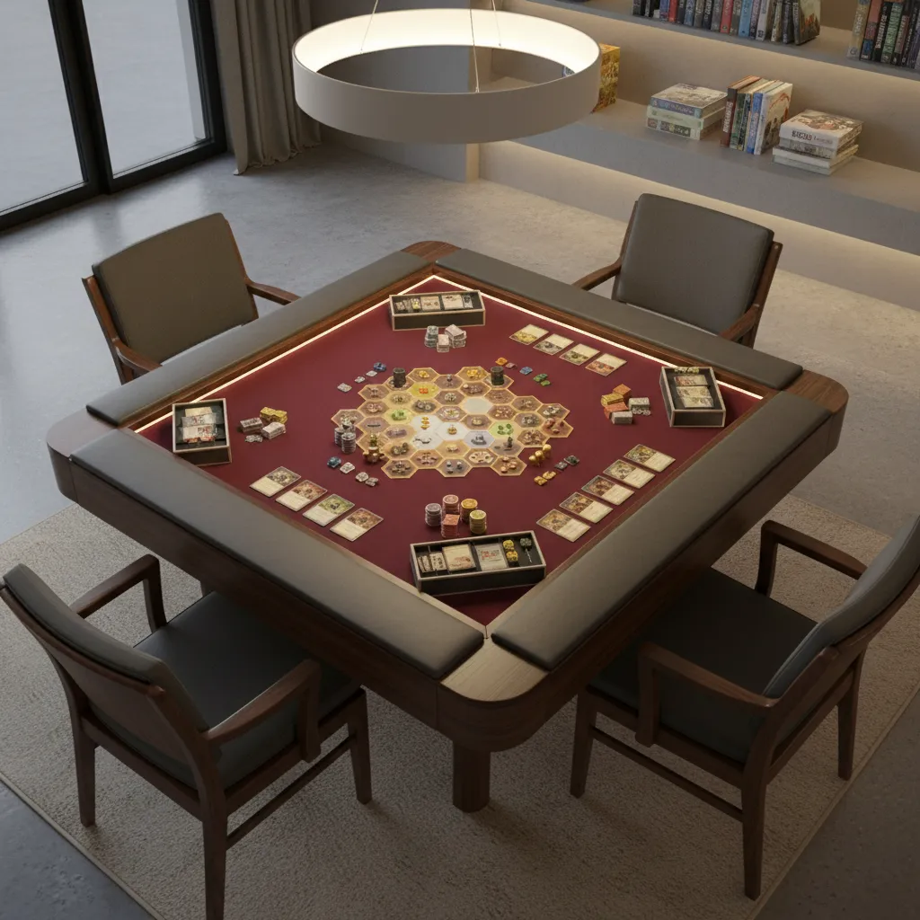 Recessed board game table play area with organized components
