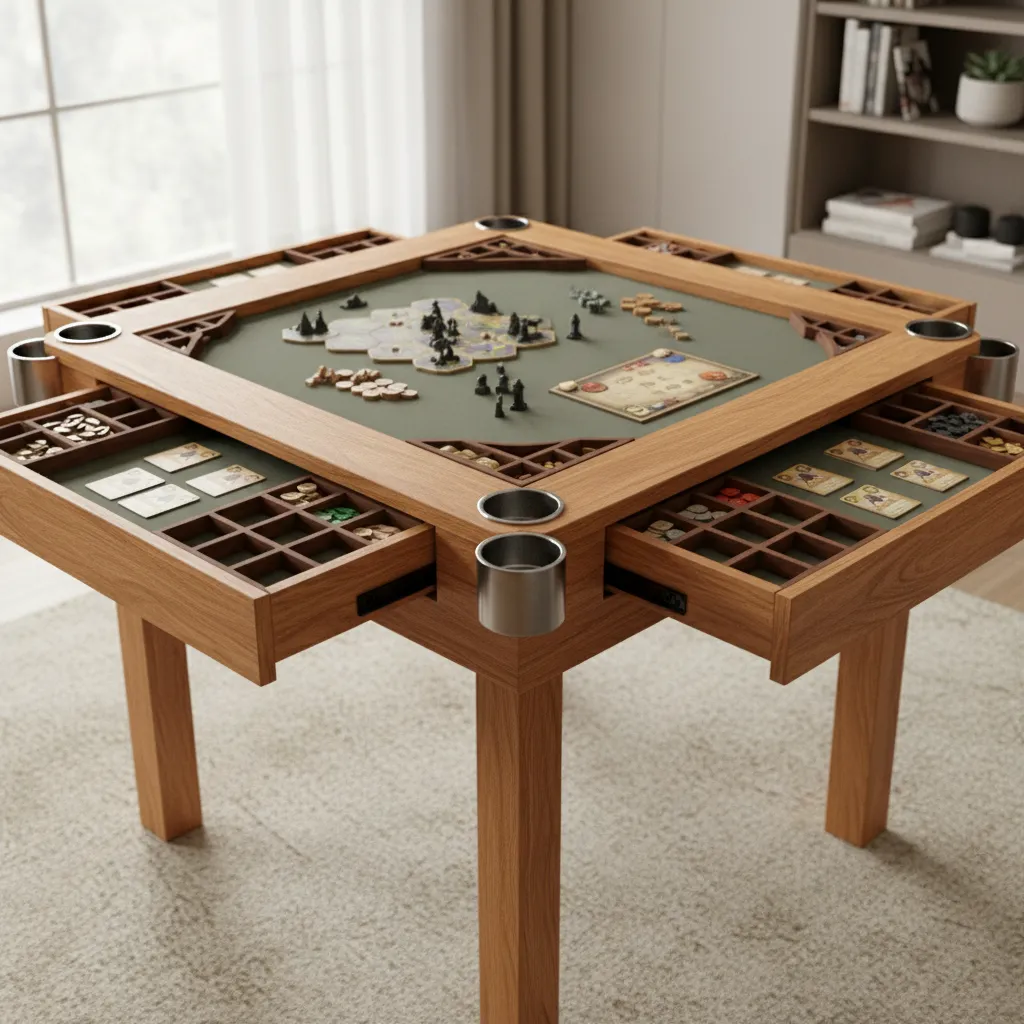 Board game table with sliding component trays and cup holders