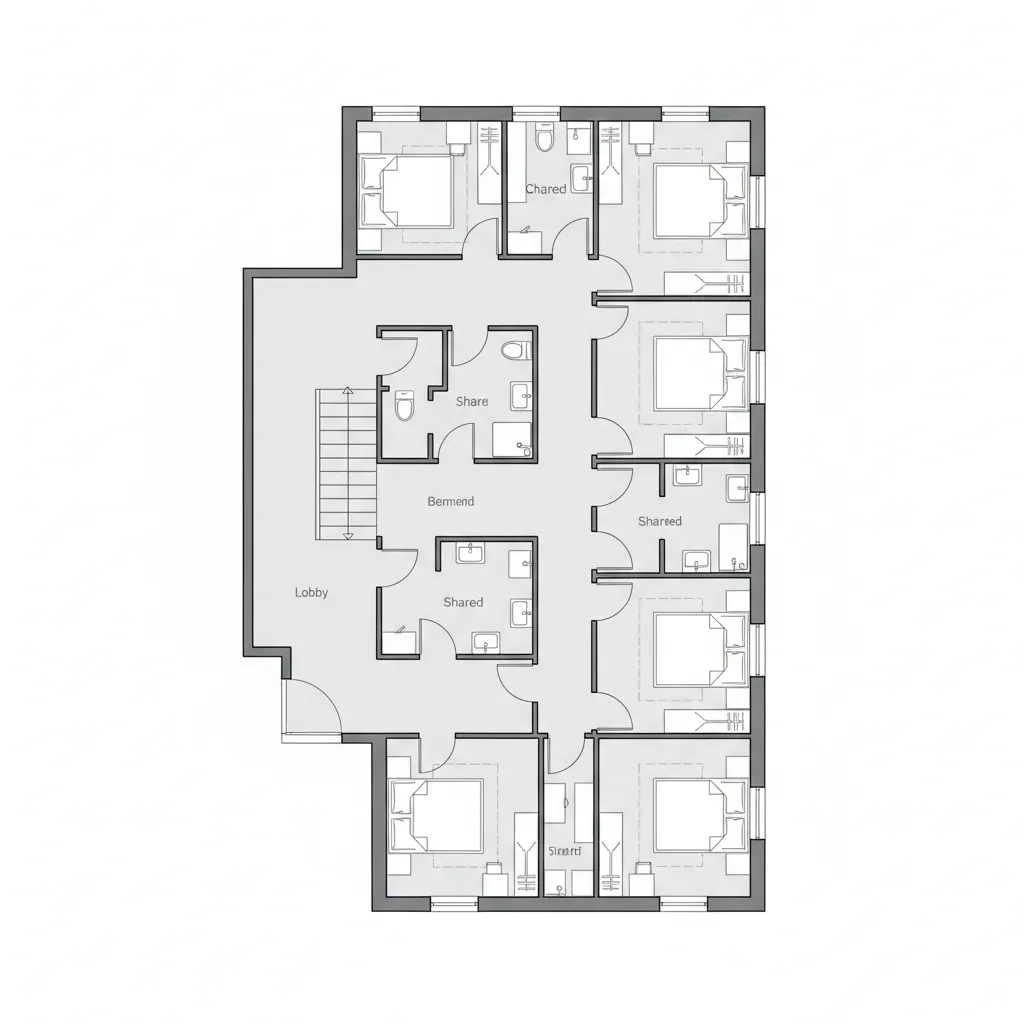 Detailed 2D floor plan showing six bedrooms three shared bathrooms a central lobby and stairs
