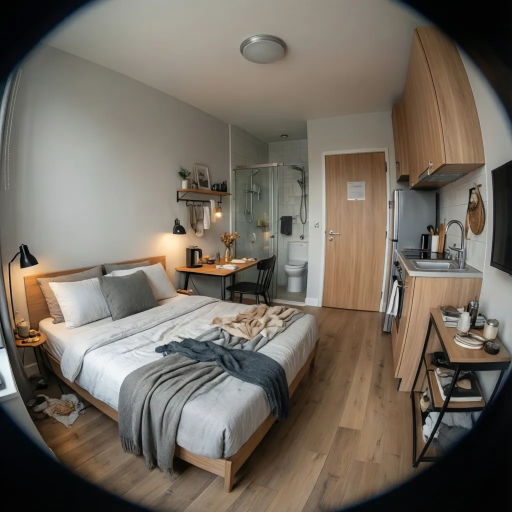 Modern studio apartment interior design drawing with bed small kitchen wooden floor and private bathroom