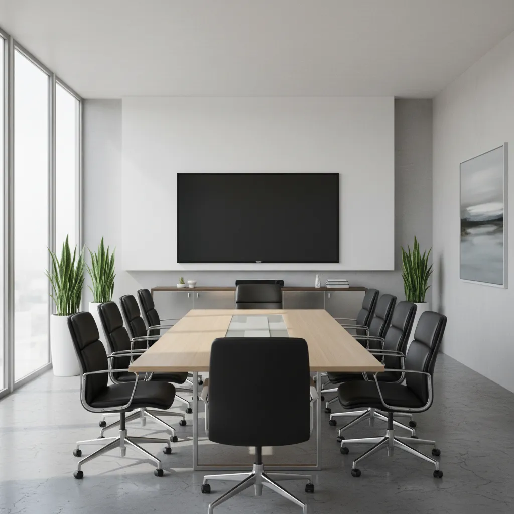modern boardroom meeting layout with long table and executive chairs