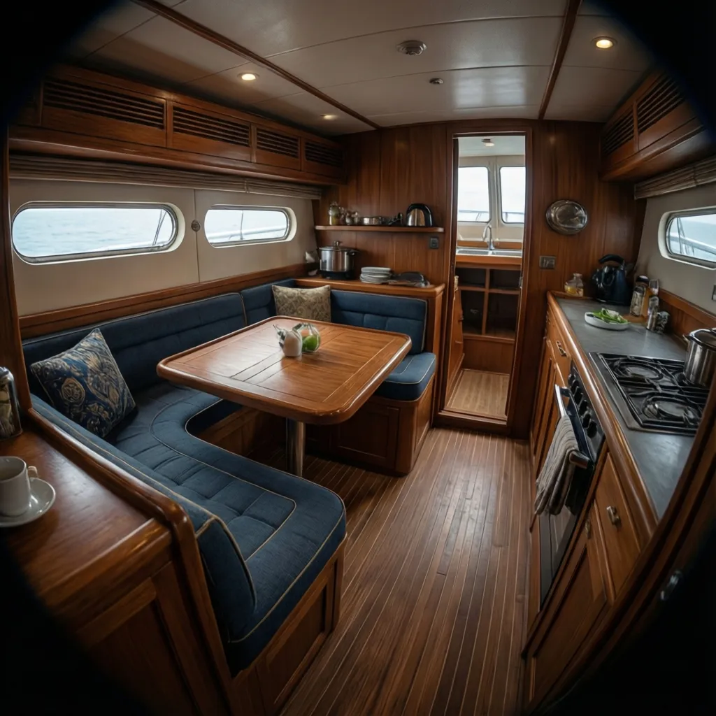 compact boat cabin interior layout with seating and table