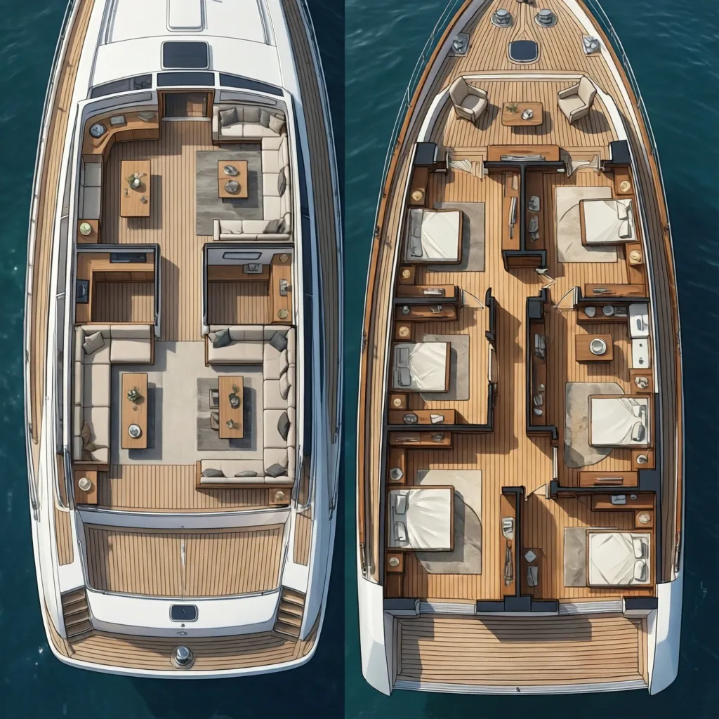 comparison of modern open boat cabin layout and traditional compartment yacht layout