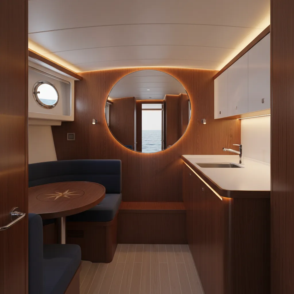 Small yacht cabin using mirrors and layered LED lighting to expand space perception