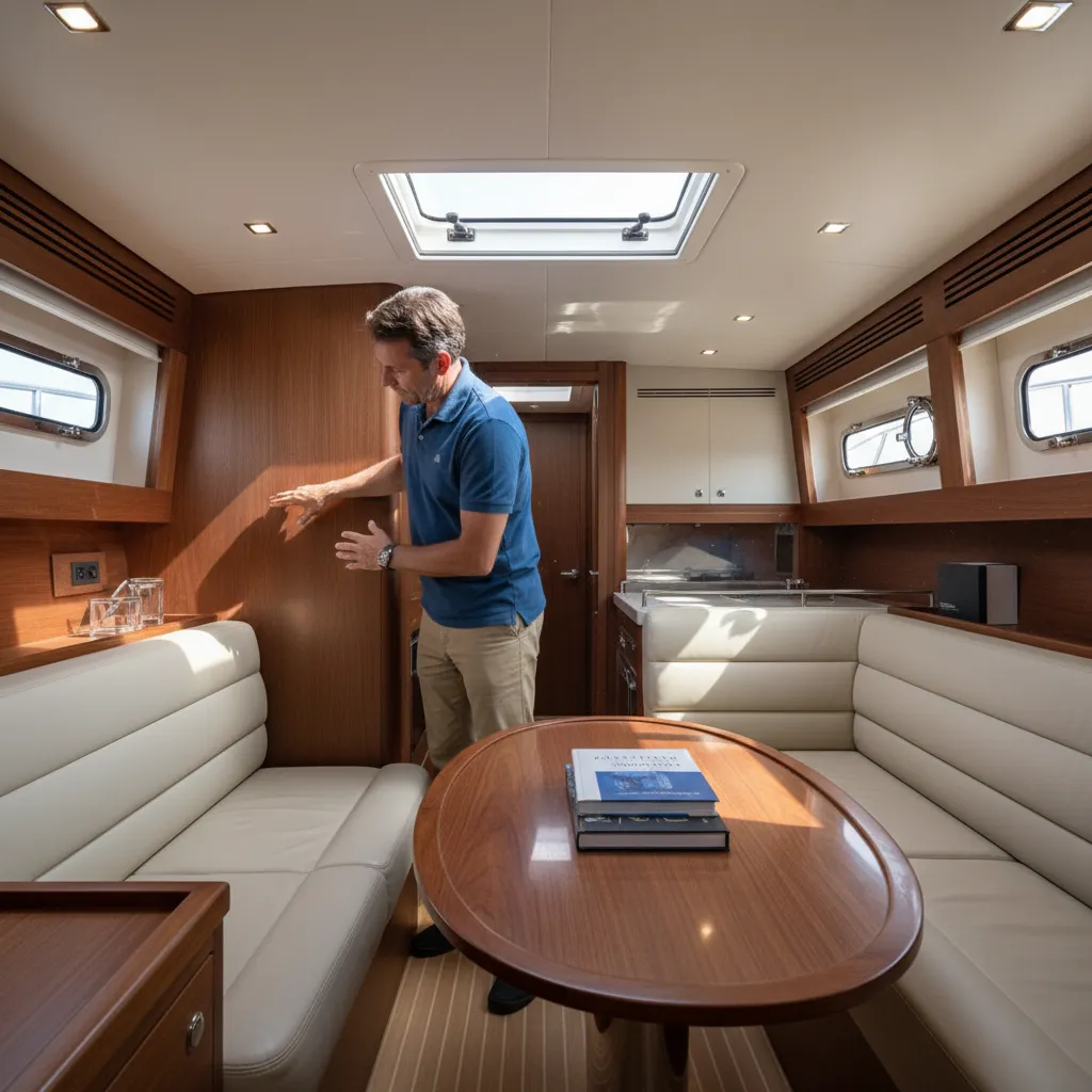 boat owner inspecting interior decor and fixtures inside a cabin