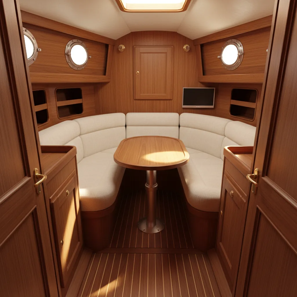 boat cabin interior showing marine wood cabinetry and vinyl seating