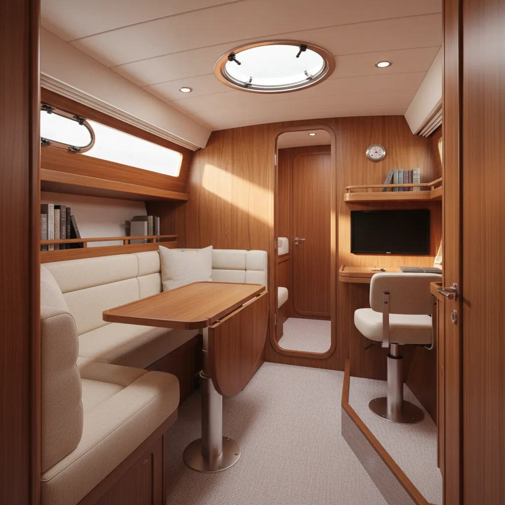 boat cabin interior showing upholstery and surfaces vulnerable to mold and moisture