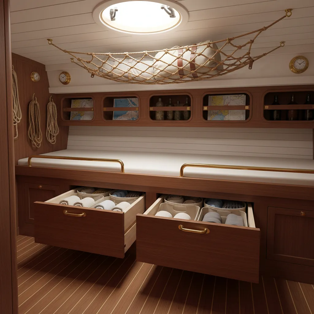 Hidden storage compartments and shelves inside a compact boat cabin