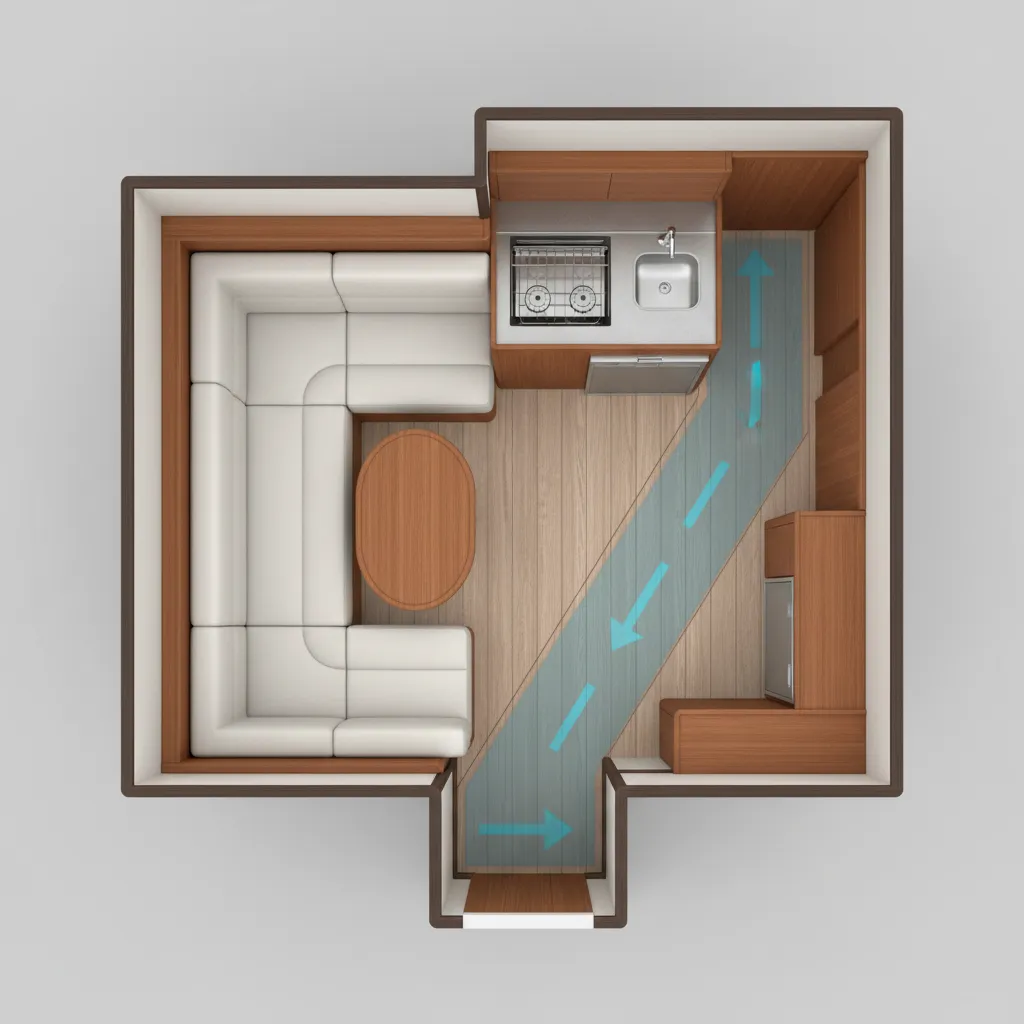 diagram style boat cabin layout showing walking paths