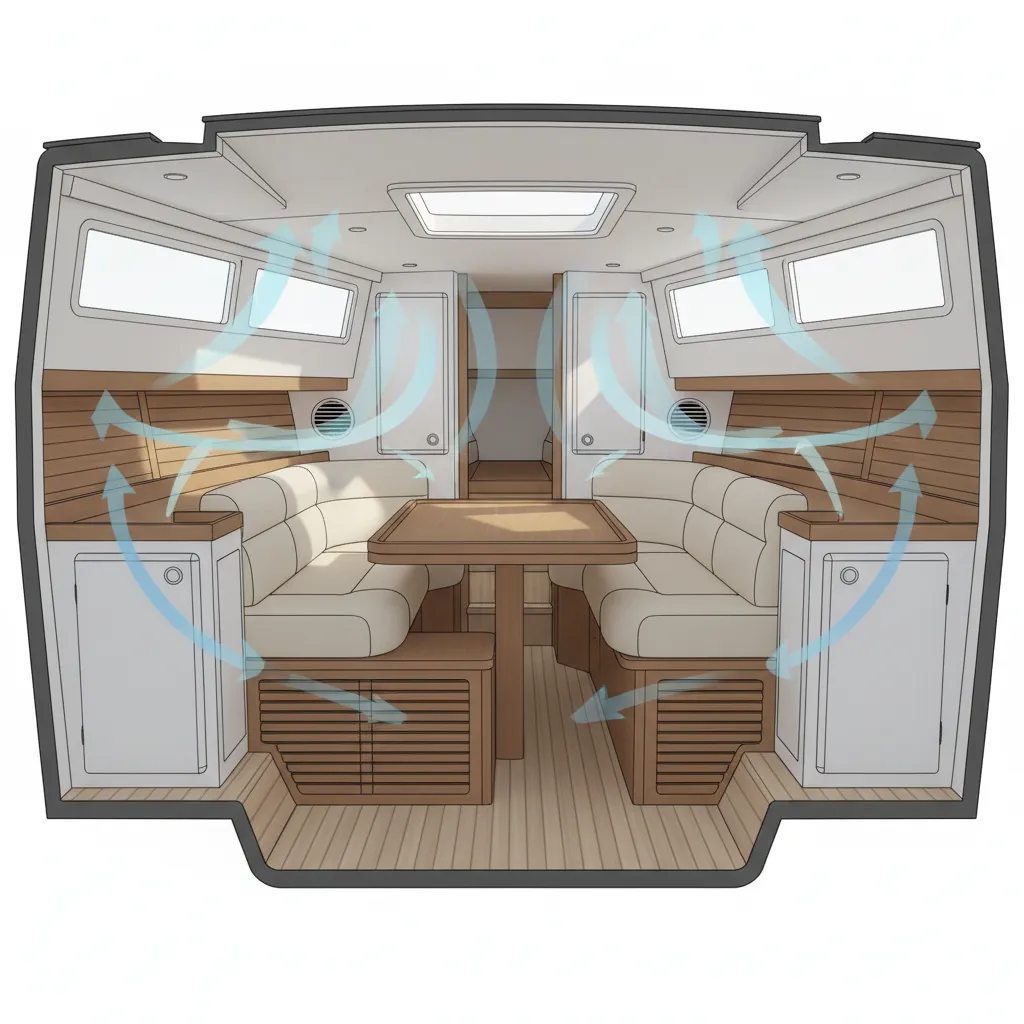 boat cabin layout showing ventilation paths and airflow around furniture